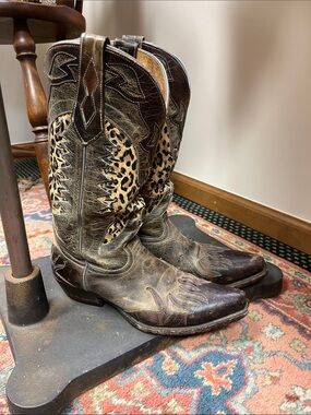 Leopard Insert Brown Western Cowboy Boots by Johnny Ringo